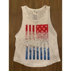 Victoria's Secret PINK American Flag Sequin Tank Top Gray Small Patriotic USA
